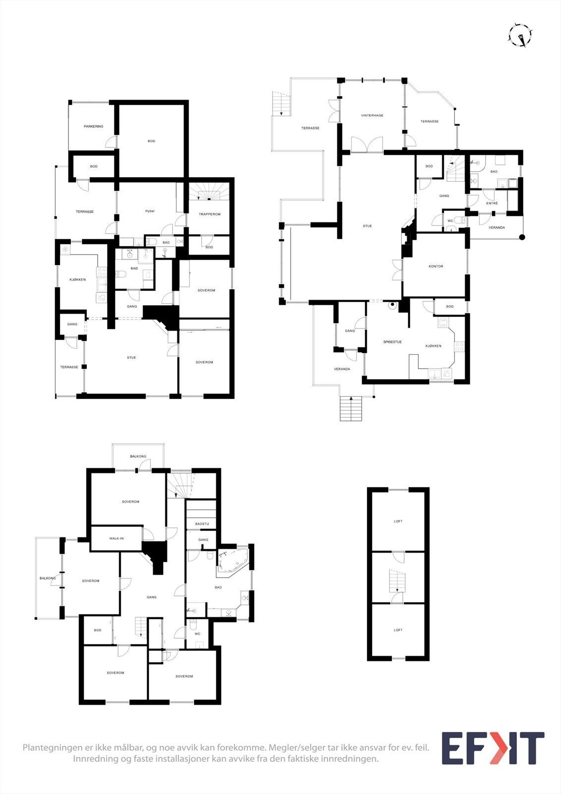 Plantegningene gir en oversikt over boligens totale areal på 328 m² fordelt på tre plan og loft. Galleribilde