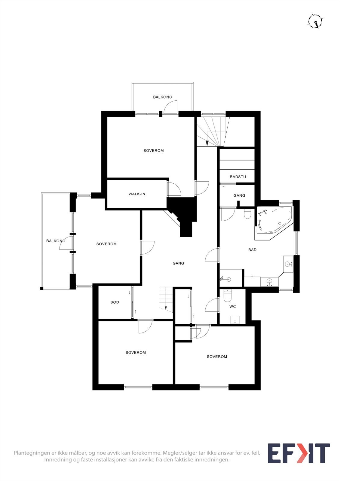 Plantegning for 2. etasje, som inneholder fire soverom, bad, badstue og toalettrom. Galleribilde