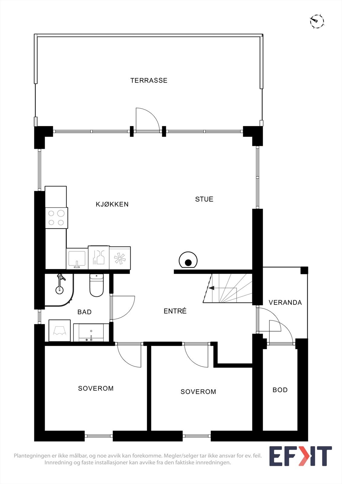 Første etasje har en sosial sone med åpen stue/kjøkken, to soverom, bad og utgang til terrasse. Galleribilde