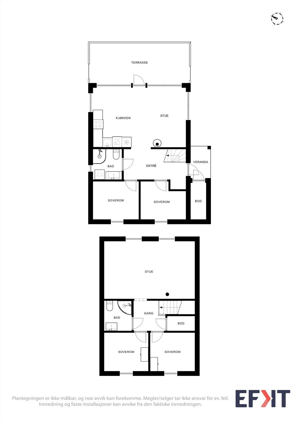 Plantegningen viser en innholdsrik fritidsbolig over to plan med fire soverom og to stuer. Galleribilde