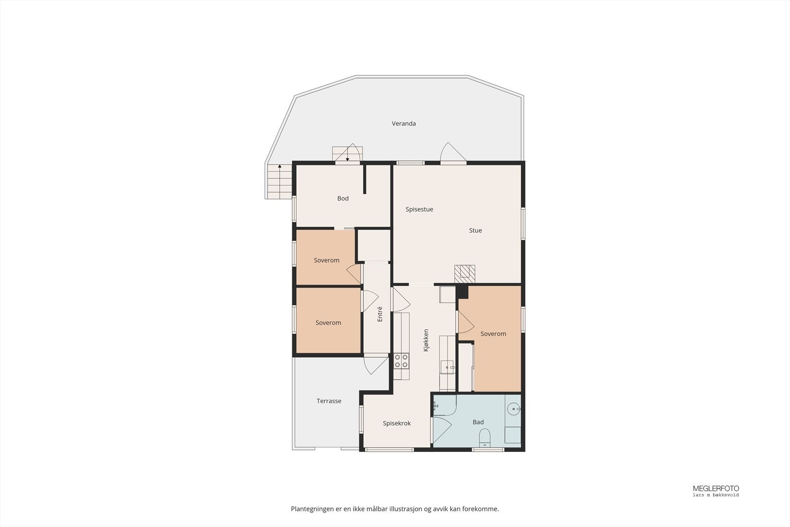 Planløsningen omfatter en sosial stue, kjøkken, bad, tre soverom og en praktisk bod. Galleribilde