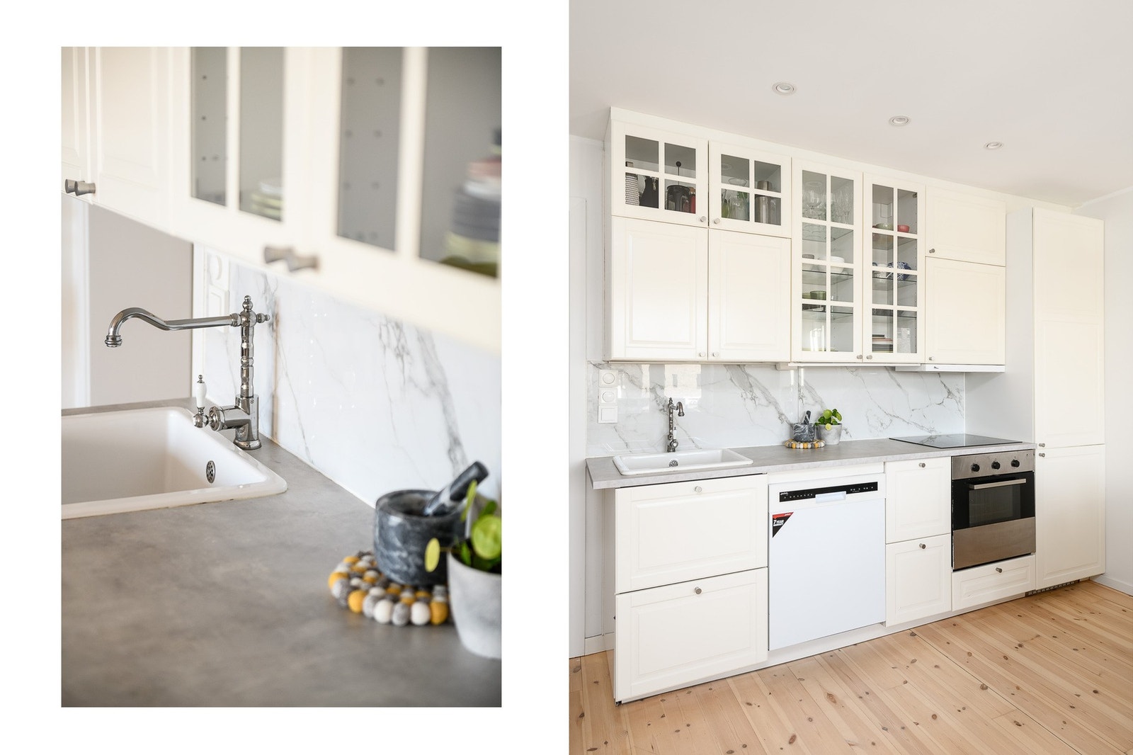 Kjøkkenet fra 2022 er klassisk og pent, med takhøy innredning og god skap- og benkeplass. Galleribilde