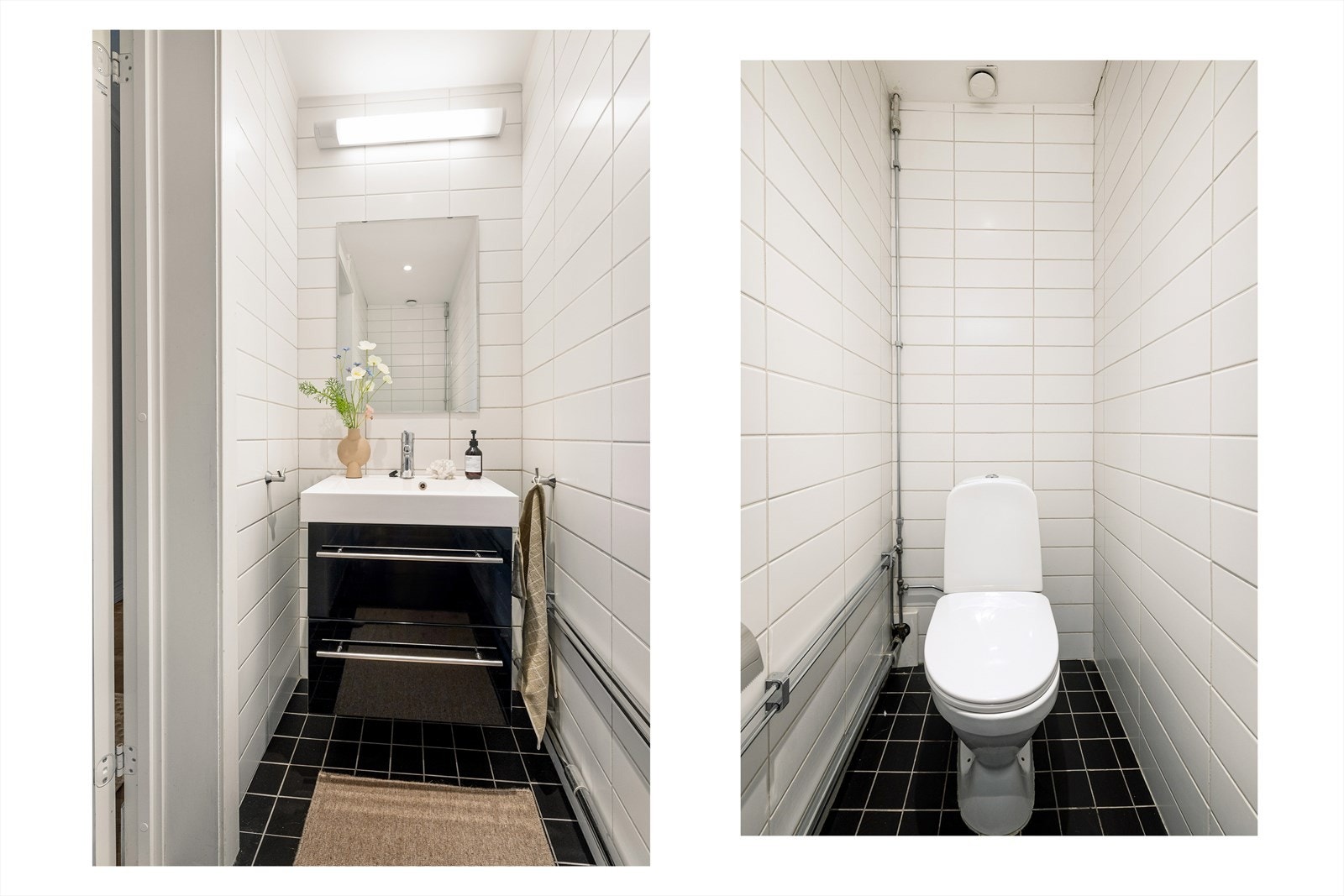 Toalettrommet er seperat og flislagt på vegger og gulv. Toalettrom er fordelaktig når man er flere hjemme samtidig, eller når man har gjester. Galleribilde