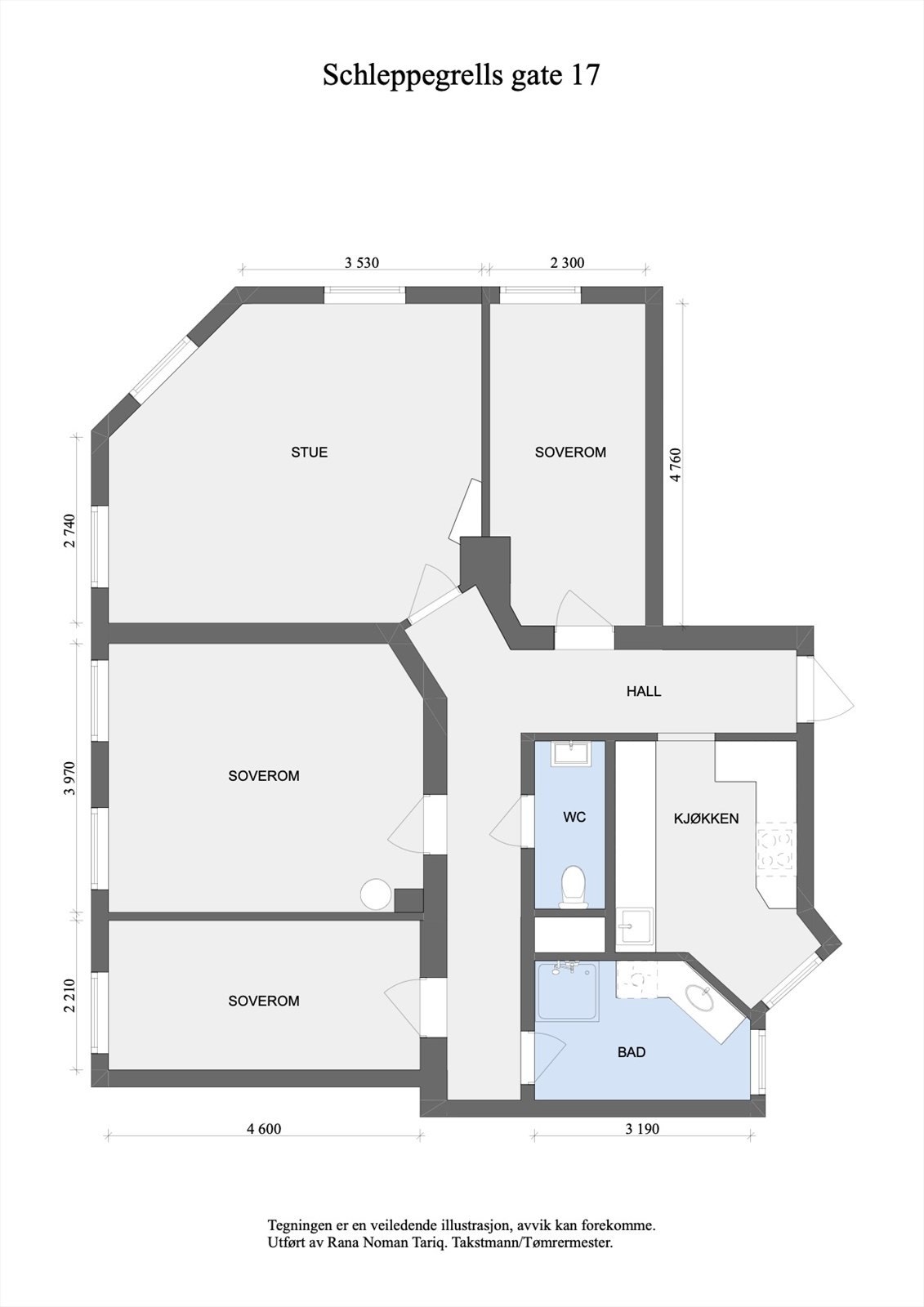 Plantegning - Boligen er på 102 kvadratmeter internt bruksareal, og inneholder hall, bad, kjøkken, seperat wc-rom, stue og 3 soverom. Galleribilde