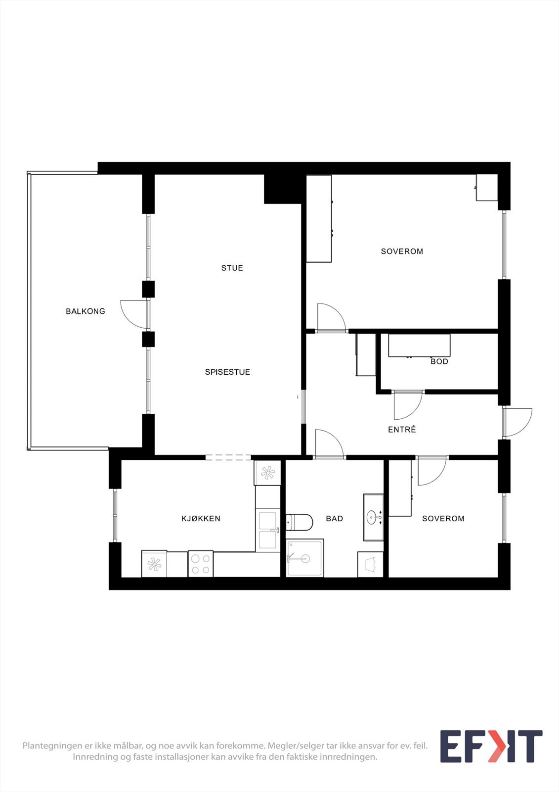 Plantegningen viser en arealeffektiv bolig på 68 m² med to soverom, stue, kjøkken og bad. Galleribilde