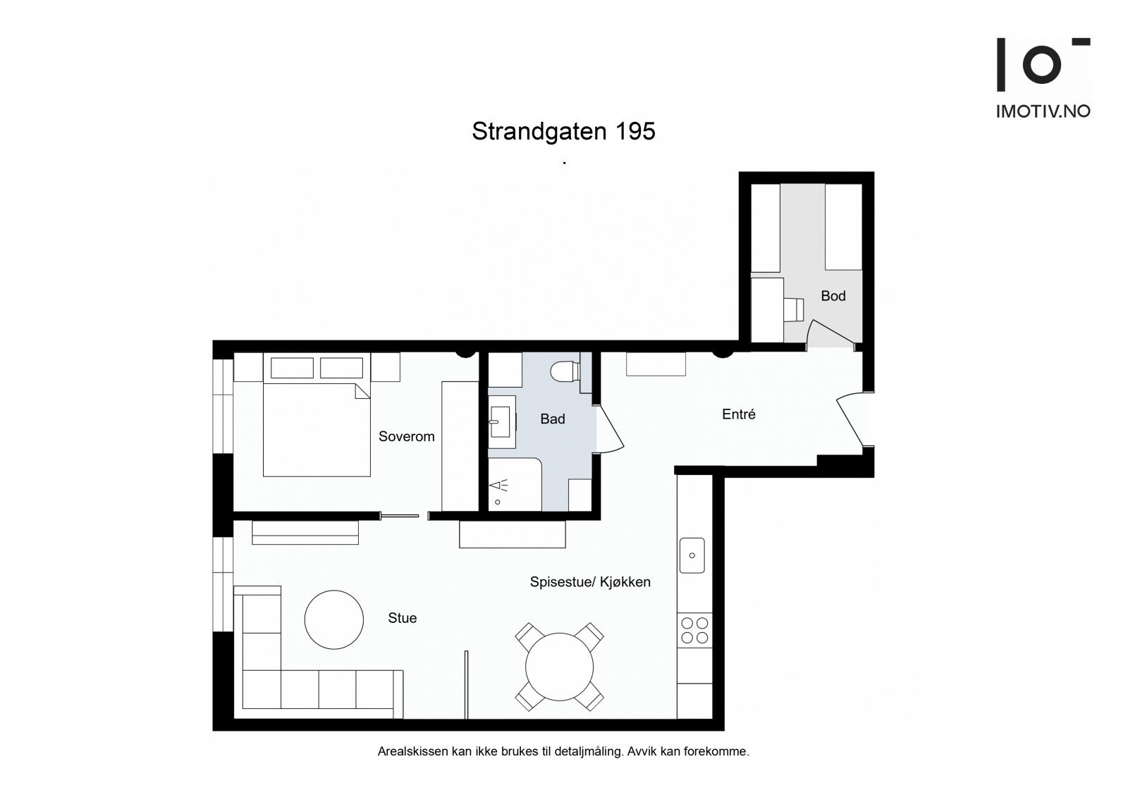 Leiligheten har følgende innredning: Entré, innvendig bod, bad, stue/kjøkken og soverom. Galleribilde