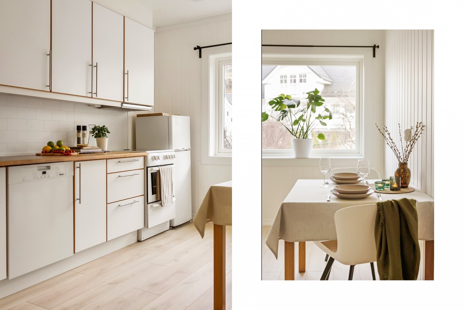 Kjøkkenet inneholder kjøkkeninnredning med hvite glatte fronter og heltre benkeplate i eik Galleribilde