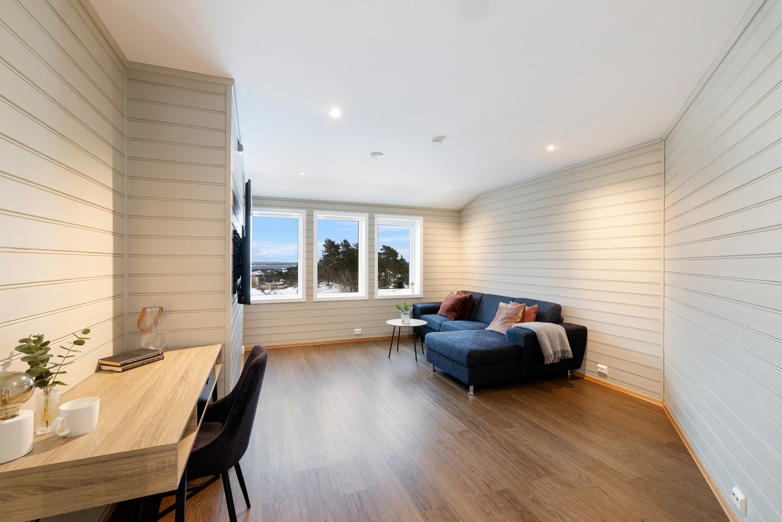 Tv-stue med god plass til sofa Galleribilde