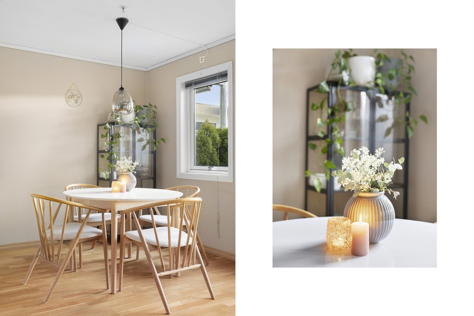 For spisegruppen er plassert i tilknytning til kjøkkenet! Denne delen av rommet har og plass til vitrineskap, slik som det er innredet med i dag Galleribilde