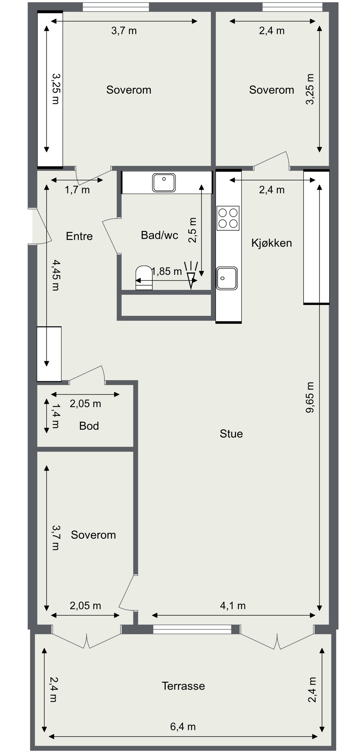 Innhold: Entré, bad/wc, bod, 3 soverom, åpent kjøkken og stue. Galleribilde