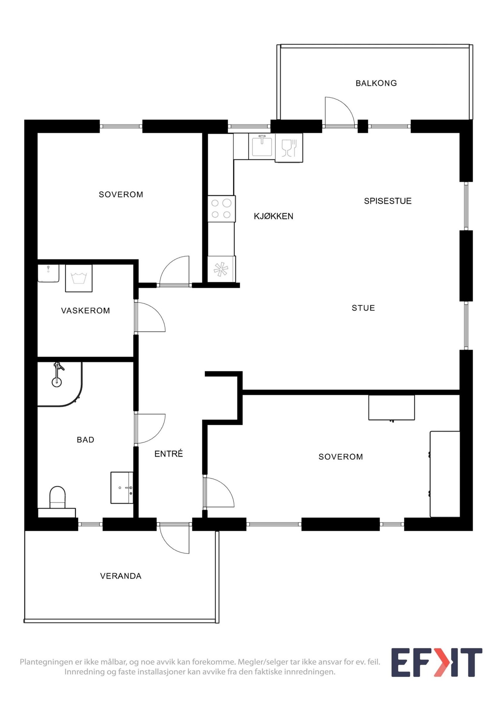 Plantegning fra foto. Leiligheten inneholder entré, stue, kjøkken, to soverom og bad. Utebod medfølger salget. Galleribilde