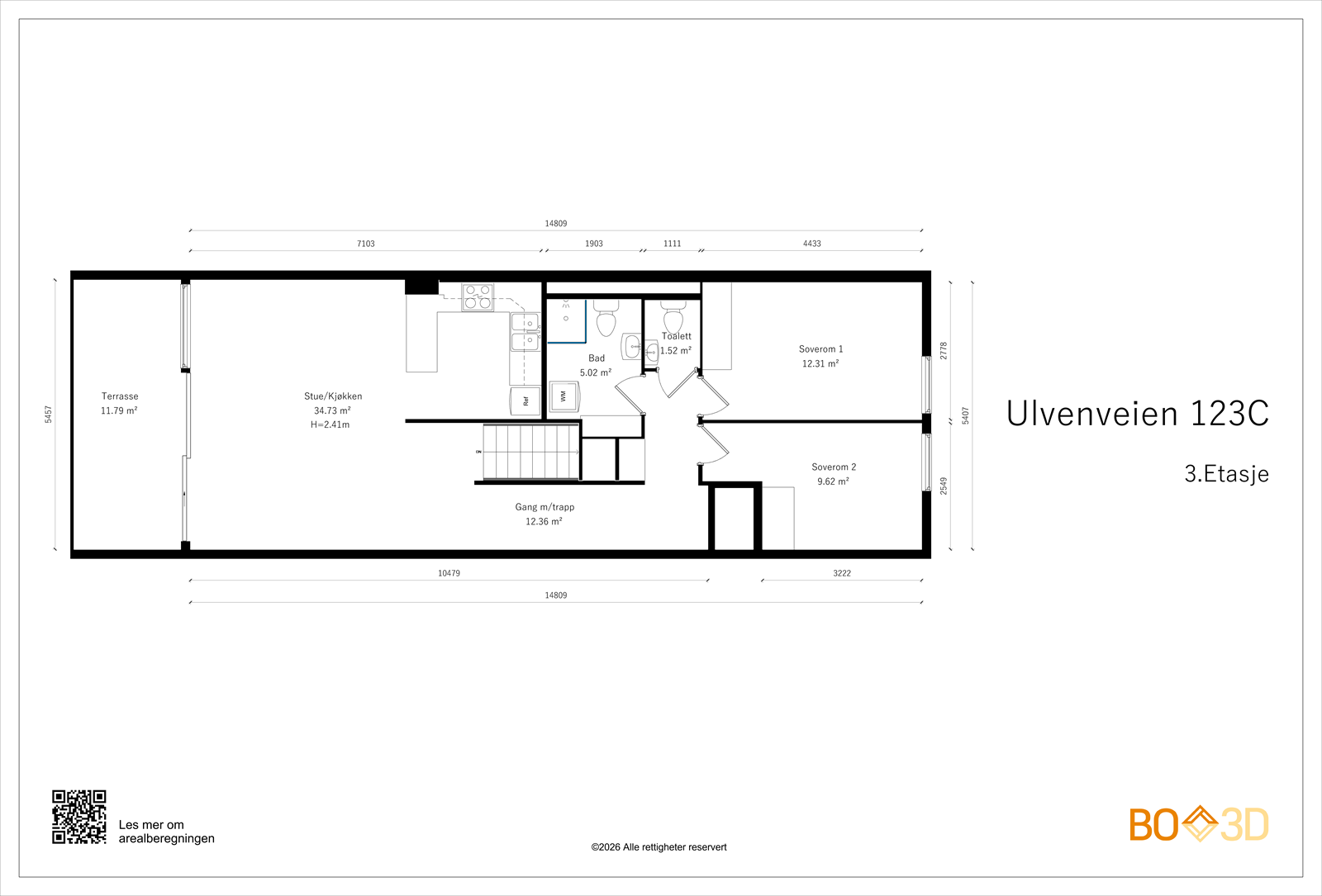 Leilighetens øverste etasje består av stue, kjøkken, to soverom, bad og en stor terrasse. Galleribilde