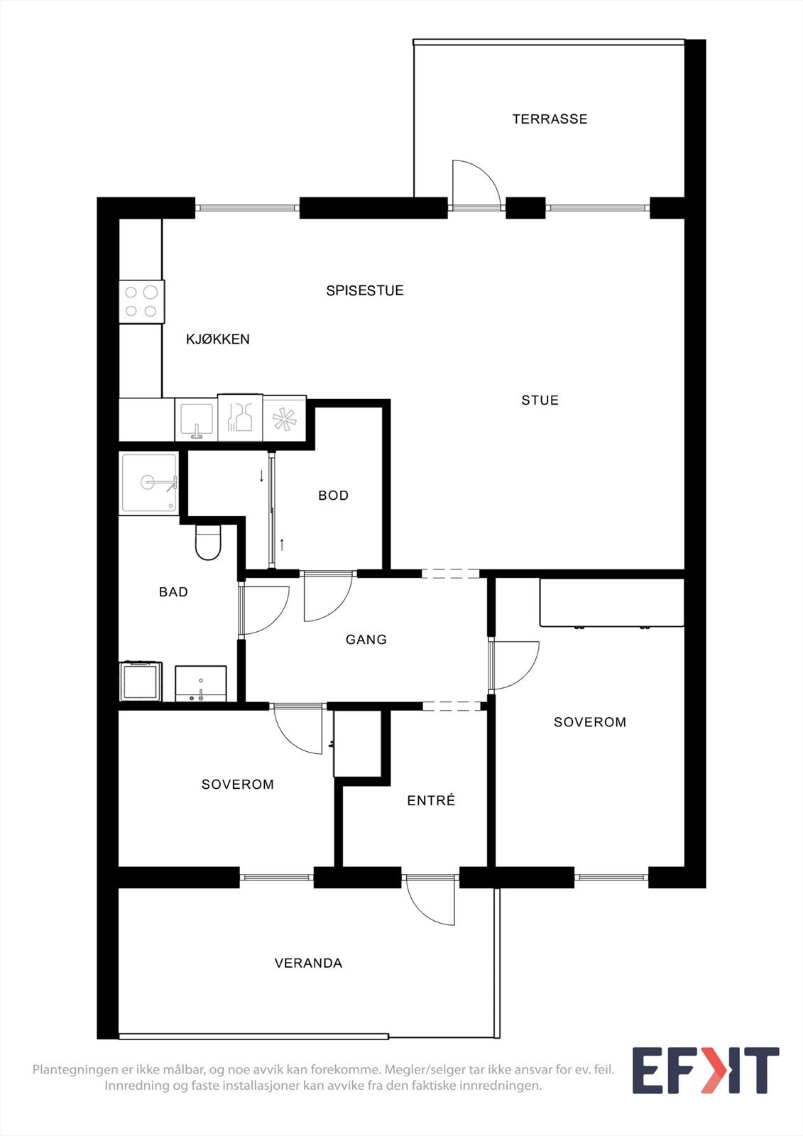 Planløsningen er arealeffektiv med to soverom, bod og utgang til terrasse og hagen. Galleribilde