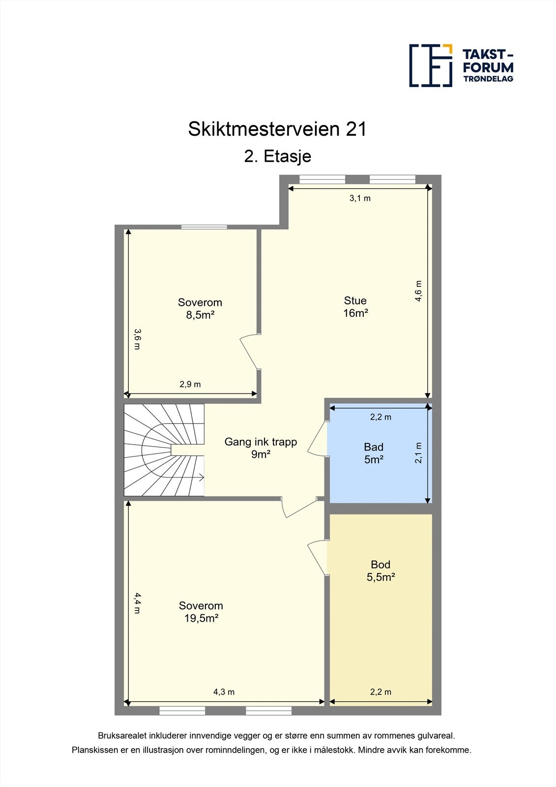 2. etasje inneholder: Gang, stue, to soverom, bad og bod. Galleribilde