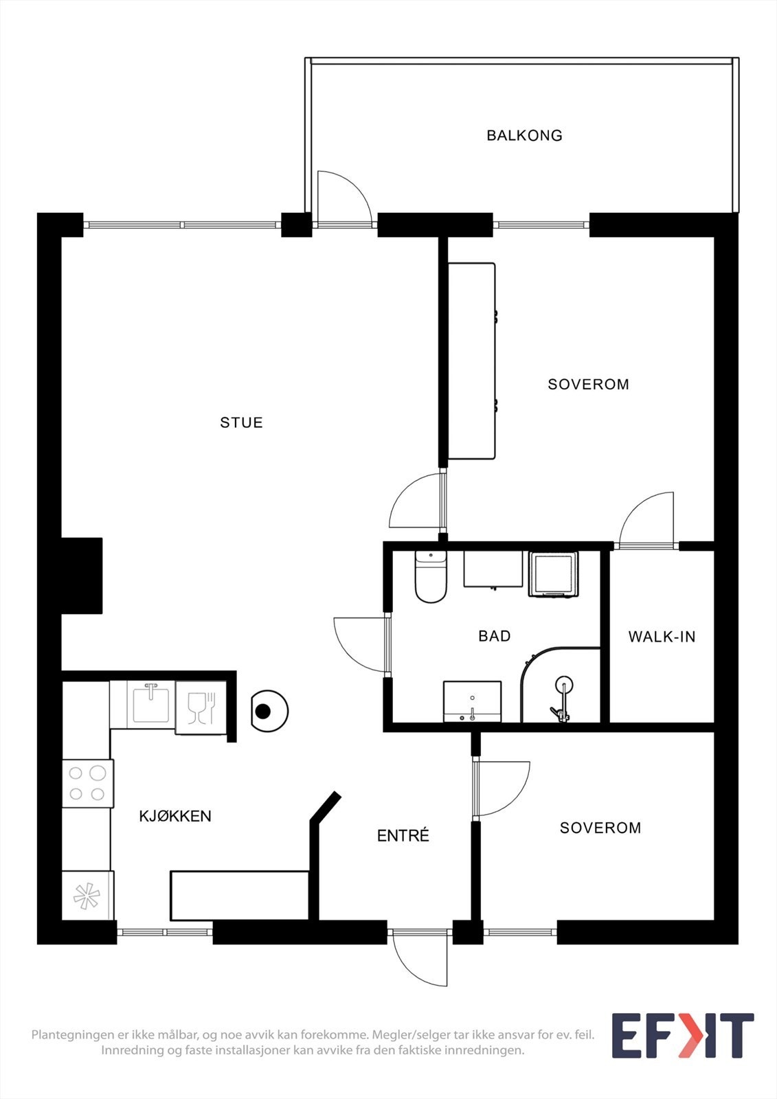 Planløsningen er arealeffektiv med to soverom, bad, walk-in-garderobe og åpen stue-kjøkkenløsning med utgang til balkong. Galleribilde