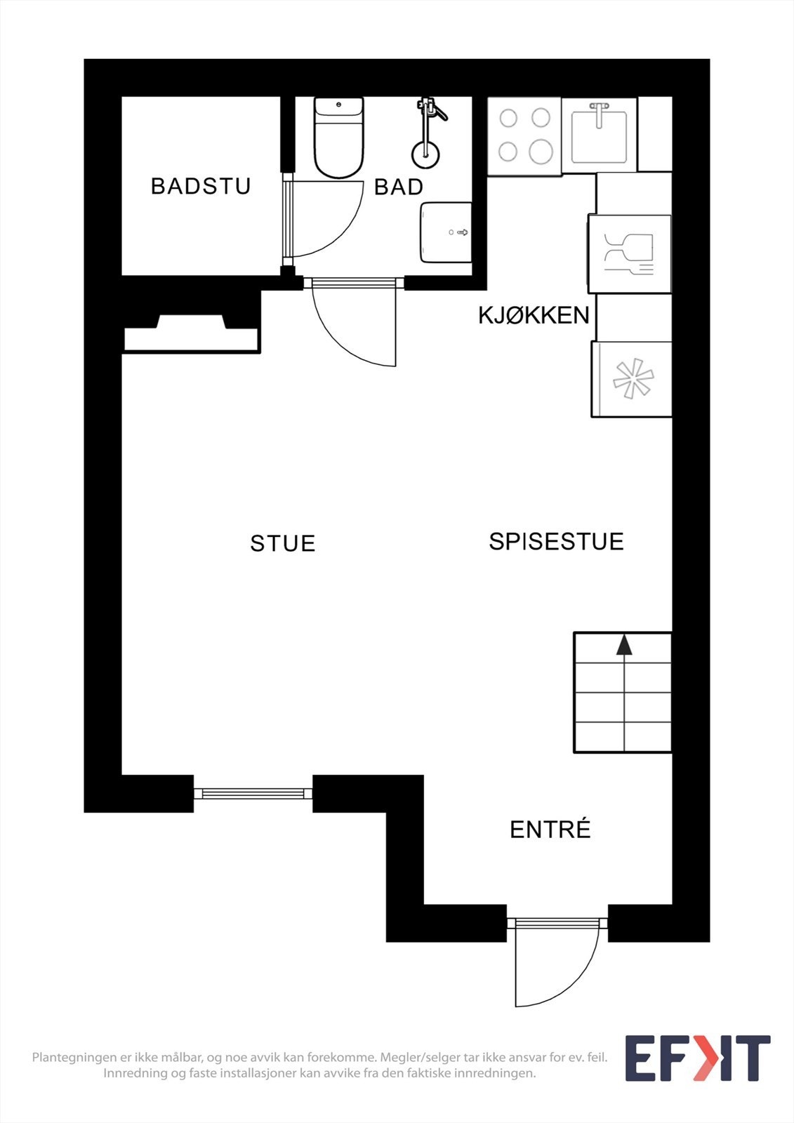 Første etasje inneholder entré, stue/kjøkken, bad og badstue. Galleribilde