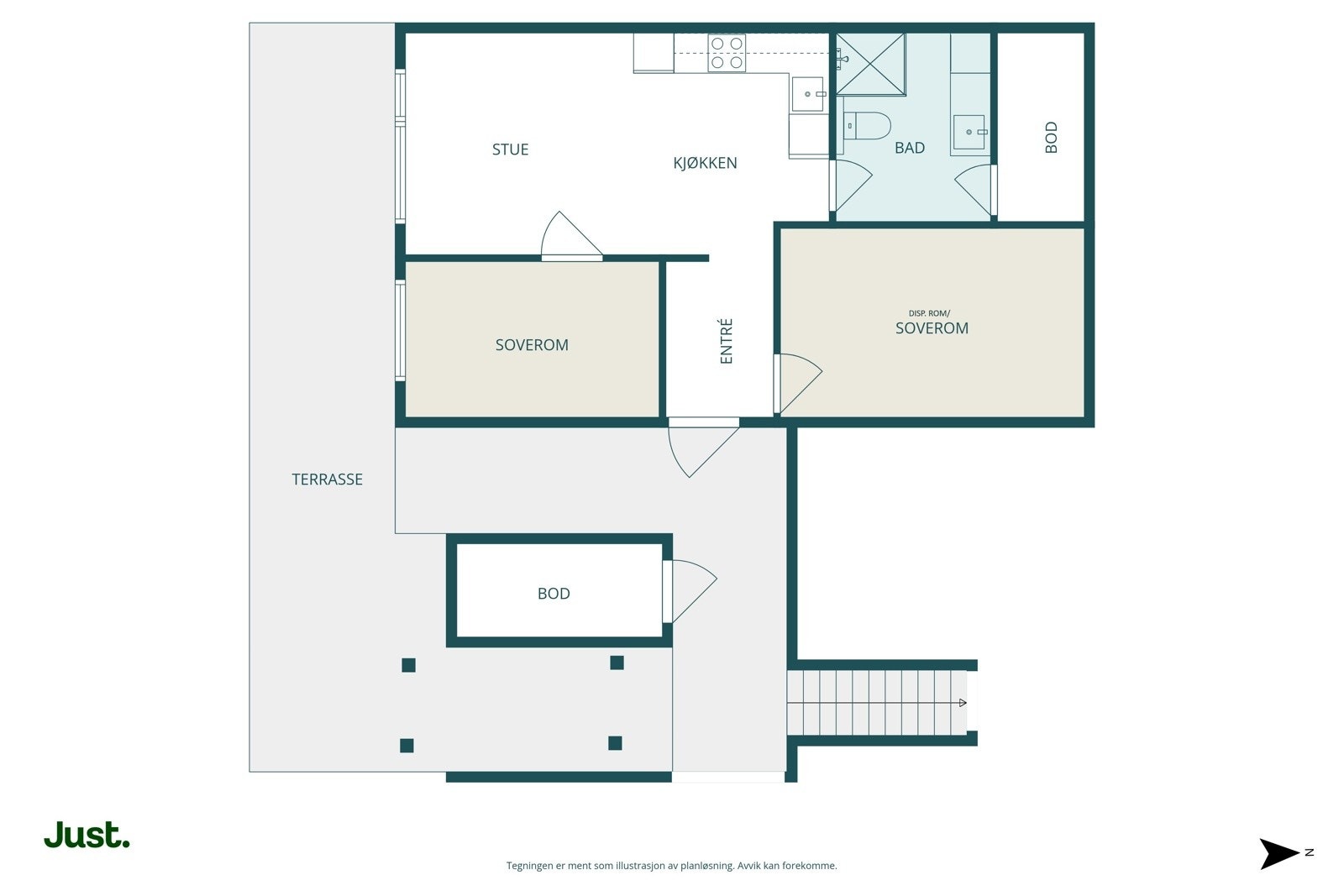 Planskisse. Legg merke til innvendig bod og sportsbod ved inngangspartiet - Svært praktisk!