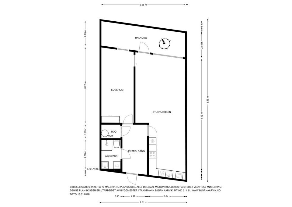 Leiligheten har en arealeffektiv planløsning på 70 m² som inkluderer stue/kjøkken, soverom og bad. Galleribilde