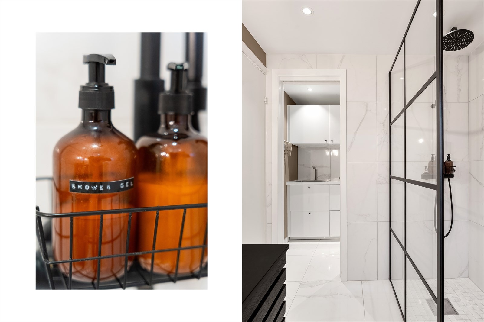 Baderommet fremstår som flott og tidsriktig, med fliser og mosaikk på gulv, fliser og malte slette plater på vegger samt slette, malte plater i himling. Innredet med servant i seksjon, dusjvegg og vegghengt wc. Galleribilde