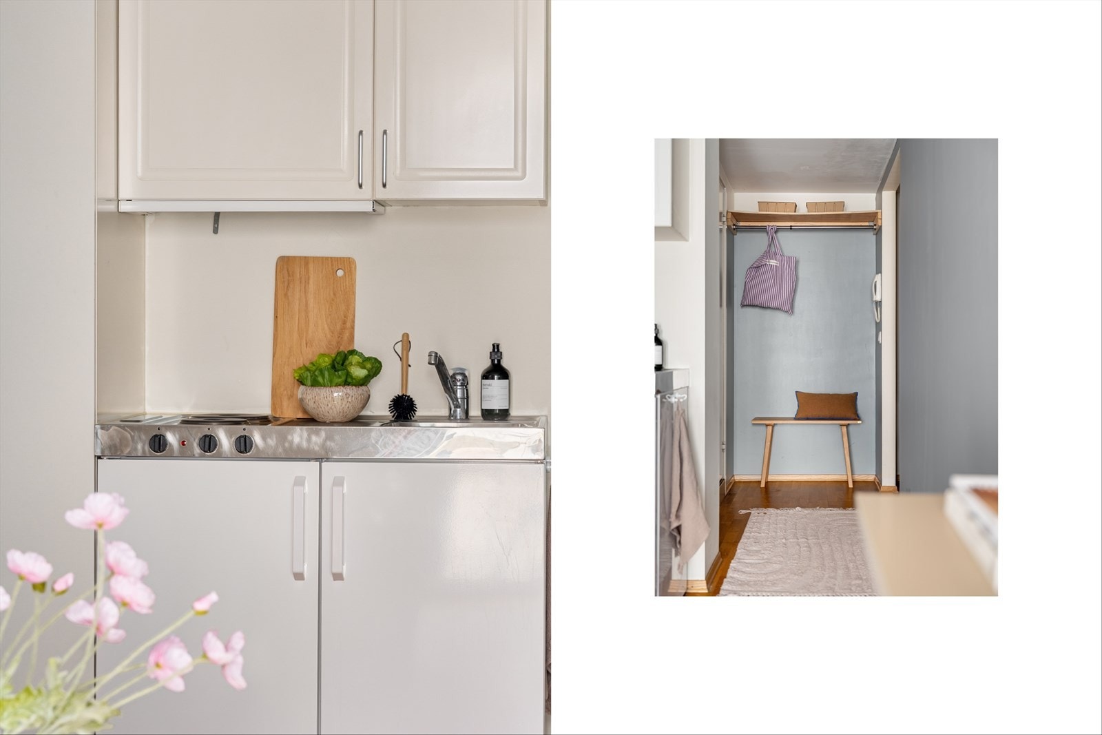 Kjøkkeninnredning av type minikjøkken med glatte/profilerte fronter. Benkeplate med enkel oppvaskkum og 1-greps blandebatteri. Ventilator med mekanisk avtrekk. Kjøkkenet er utstyrt med to platetopper og kjøleskap. Galleribilde