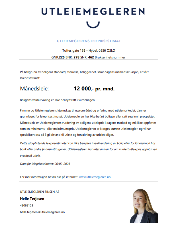 Utleiemeglerens leieprisestimat for hybeldel er: 12.000,- pr.mnd. Galleribilde