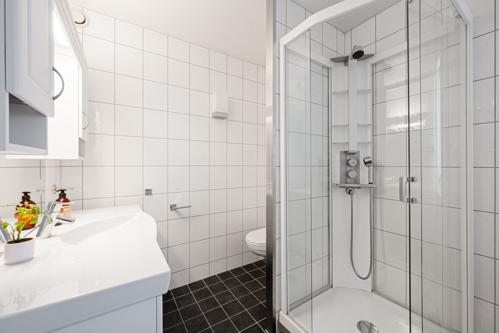 Praktisk bad innredet med dusjkabinett, vegghengt toalett og baderomsinnredning med nedfelt servant og speil. Galleribilde