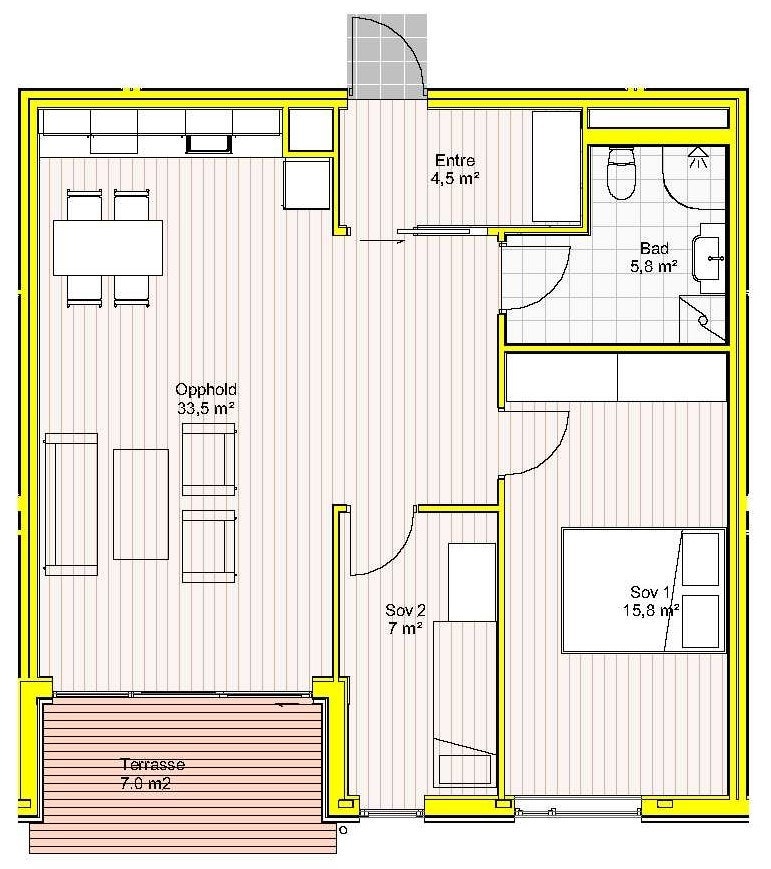 Planløsning.
OBS! Se bildet fra leiligheten for faktisk kjøkkenløsning. Galleribilde