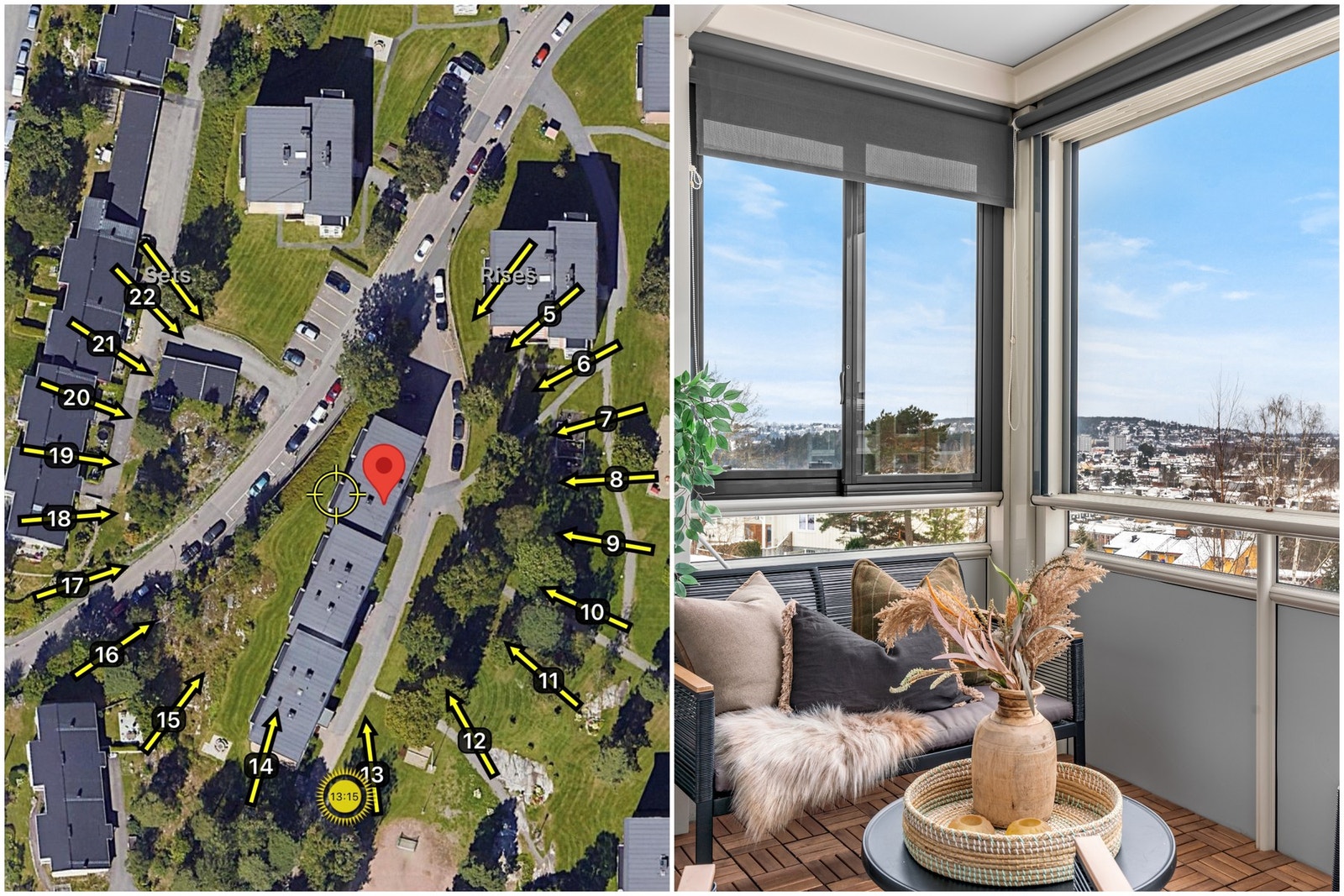 Den vestvendte beliggenheten sørger for meget gode solforhold på balkongen. Det er montert rullegardiner på innsiden for solskjerming. Galleribilde