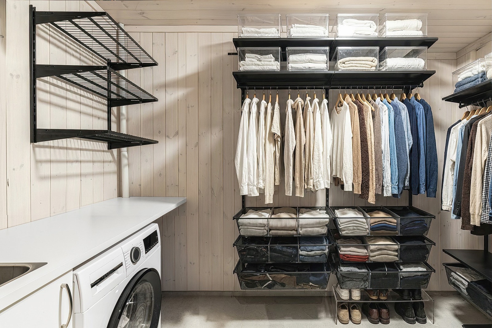 Praktisk og funksjonelt vaskerom med god plass til klesvask og oppbevaring. Rommet er innredet med smarte løsninger som gjør hverdagen enkel. Galleribilde