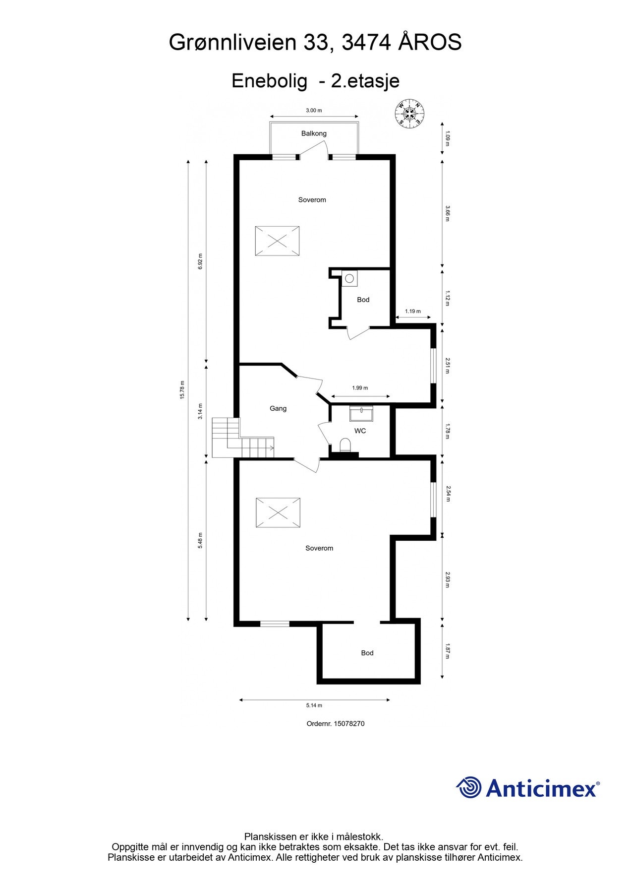 2. etasje består av to soverom, gang, WC, to boder. Fra det ene soverommet er det utgang til balkong. Galleribilde