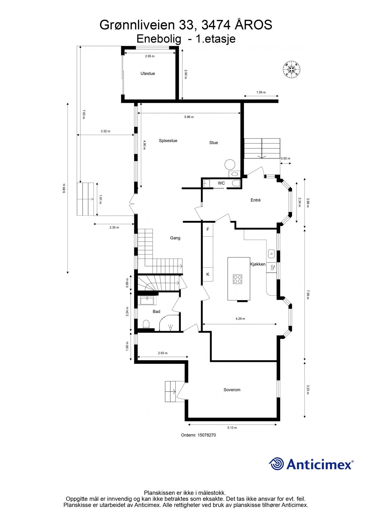 1. etasje består av entré, wc, kjøkken, soverom, bad, gang, spisestue/stue, terrasse med utestue. Galleribilde