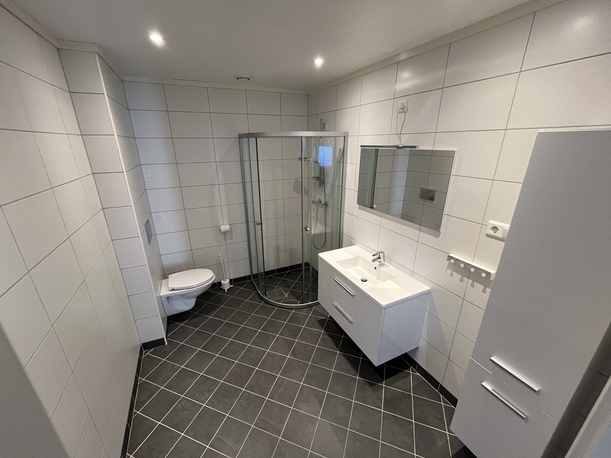 lislagt bad med dusjhjørne, vegghengt toalett og moderne innredning. Galleribilde