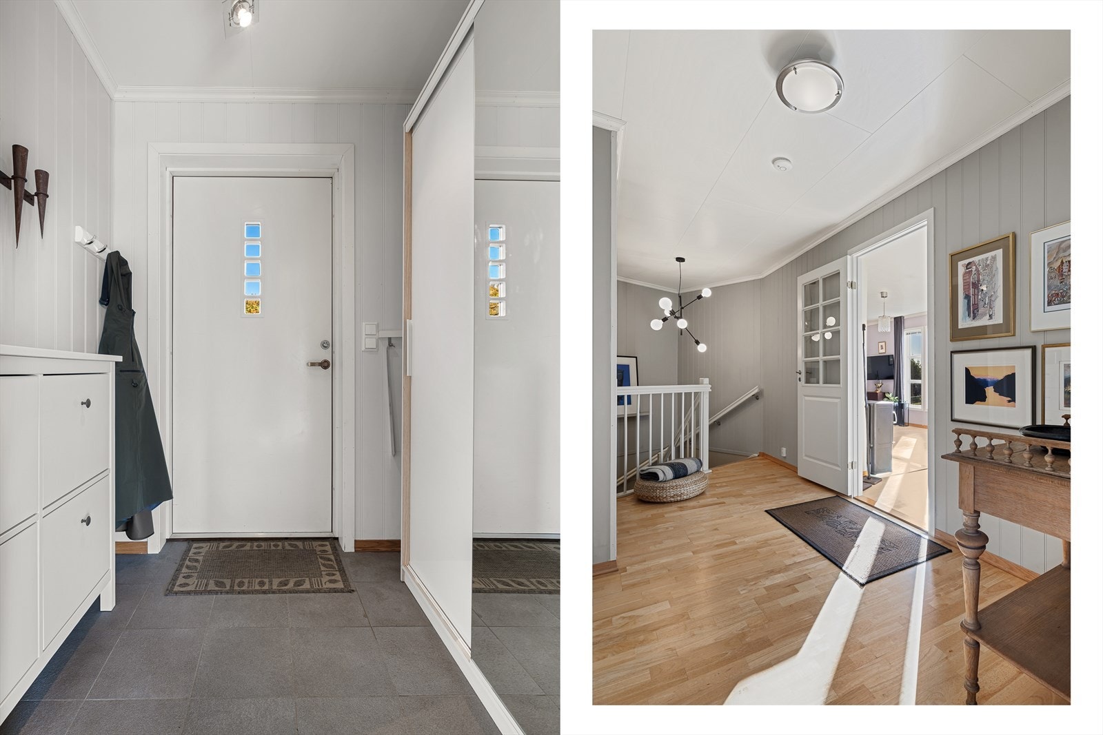 Velkommen inn i en innbydende entré med en romslig skyvedørsgarderobe og mulighet for å henge fra seg jakker og sko. Galleribilde