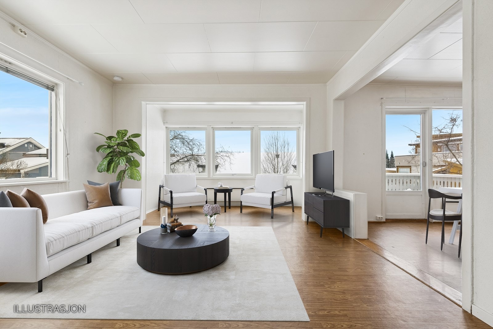 Illustrasjon. Romslig stue med plass til flere miljøer. Galleribilde