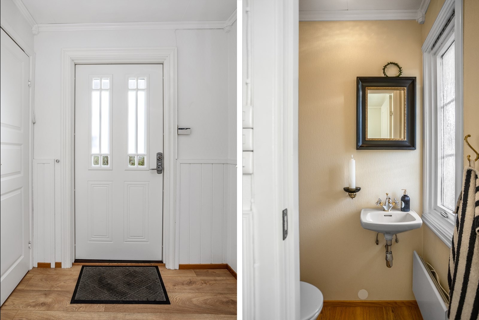 Den nyere hovedinngangsdøren er utstyrt med vindusglass som slipper inn dagslys til entreèn. Gjestetoalettrommet innenfor entreèn sørger for at hjemmet har to toaletter i 1. etasje. Galleribilde