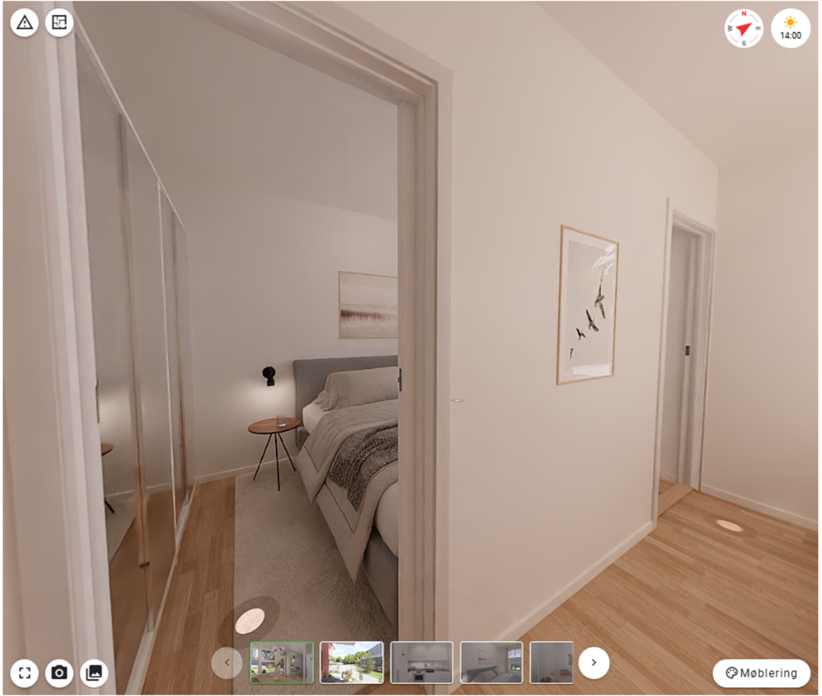 Hovedsoverom med dør på hver side. Plass til større dobbelseng og skyvedørsgarderobe - bildet er en illustrasjon av leiligheten Galleribilde