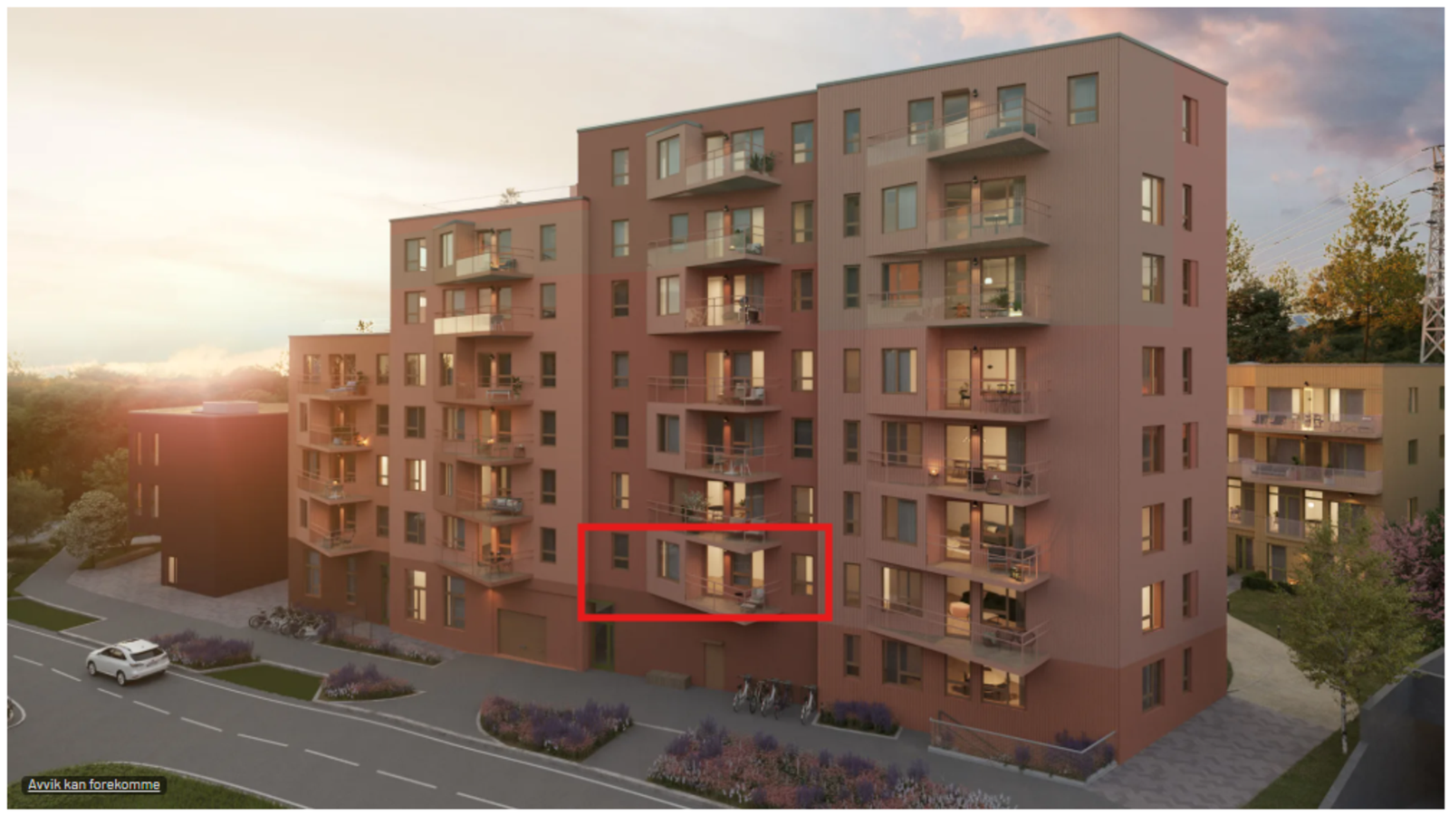 Gulvet i leiligheten ligger høyt, 4.56 meter over bakkeplan ifølge byggetegninger - bildet er en illustrasjon av bygget Galleribilde