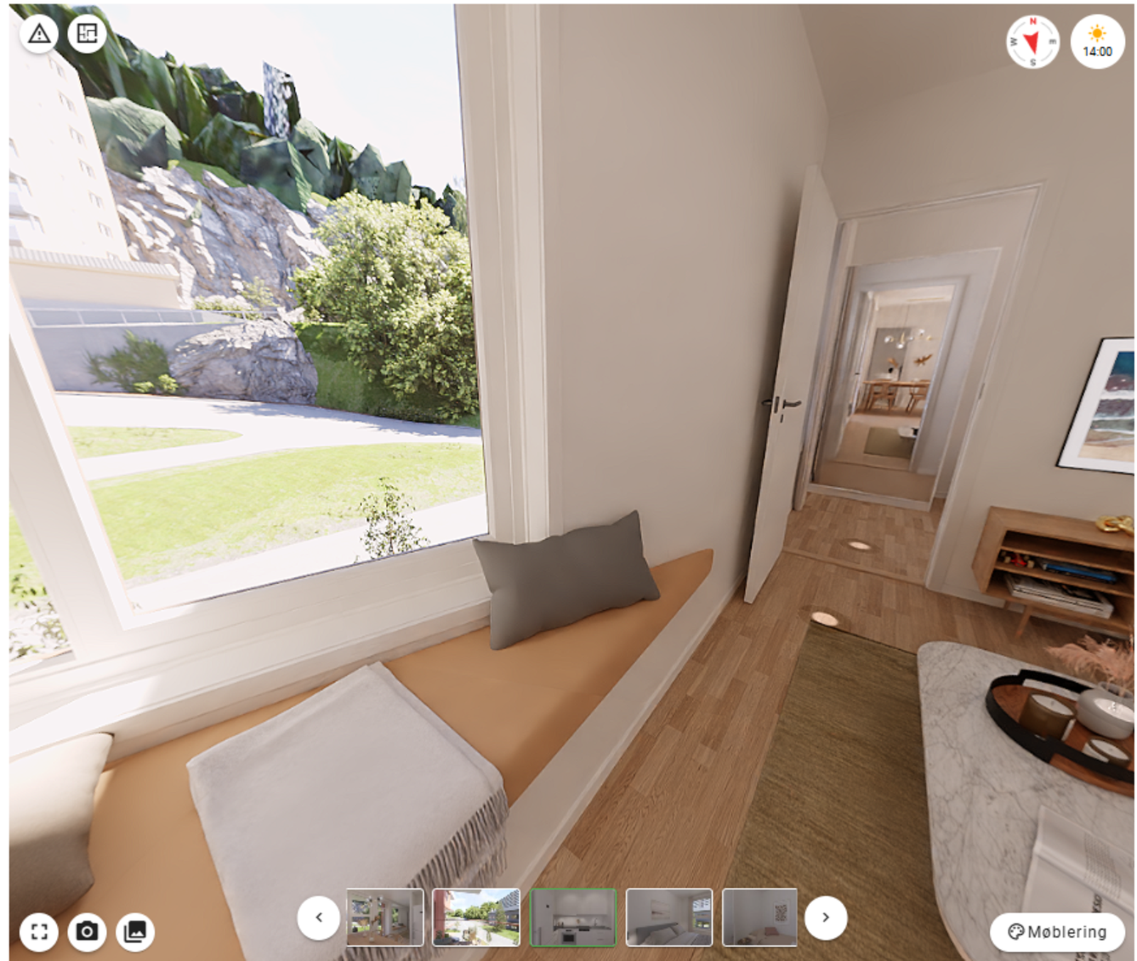 Legg merke til den plassbygde benken - bildet er en illustrasjon av leiligheten Galleribilde