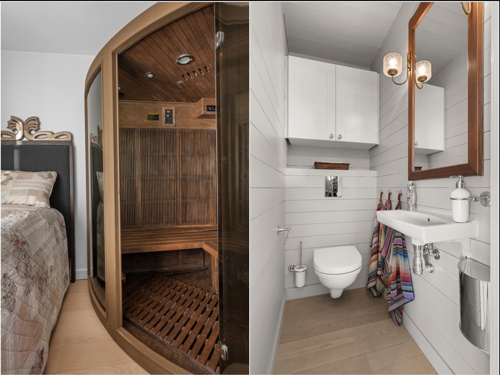 Toalettet har 1-stavs parkettgulv og innredningen består av vegghengt toalett med innebygd siterne samt vegghengt servant. Her er det også et overskap med rom for oppbevaring. Galleribilde