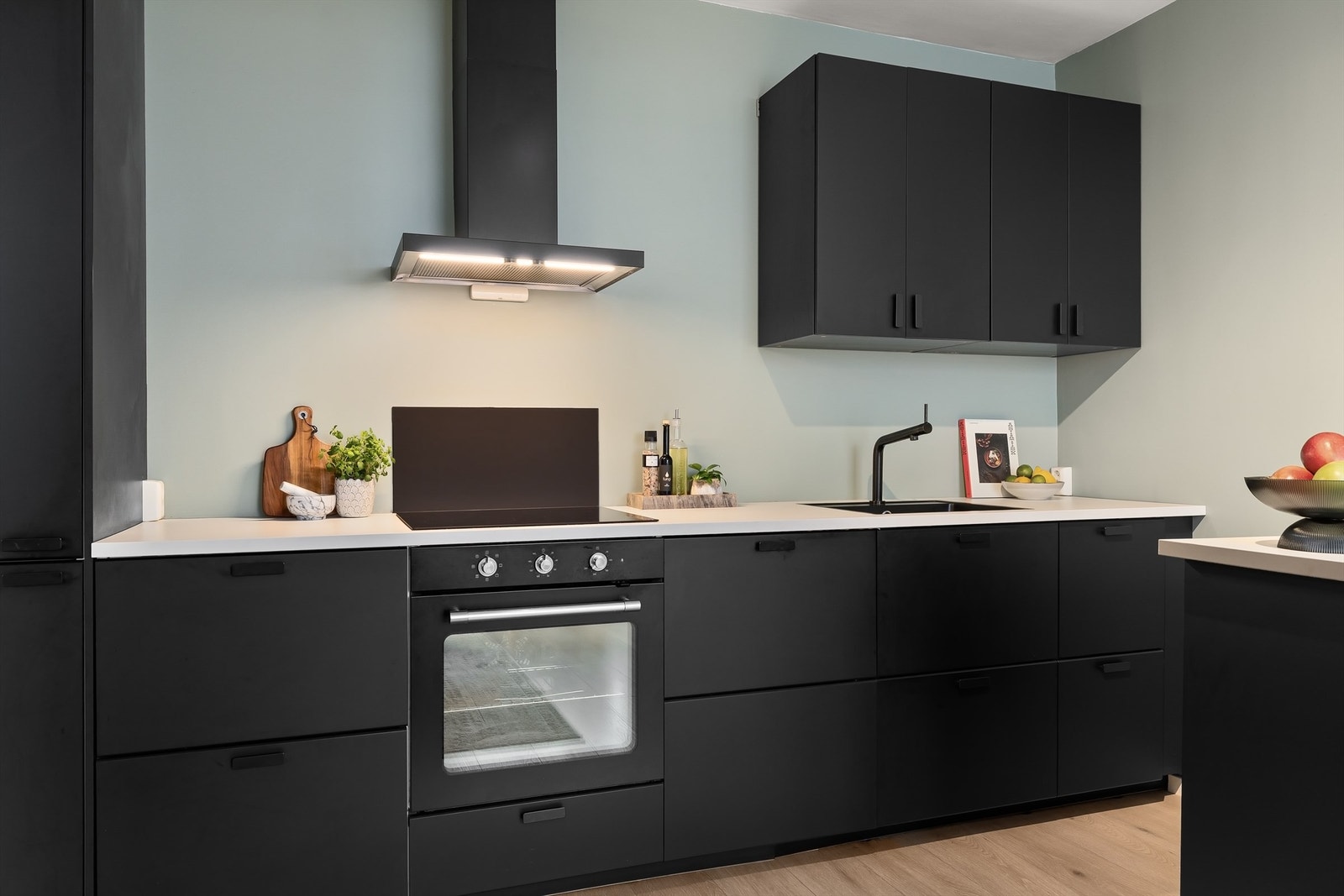 Integrerte hvitevarer som kjøleskap med frysedel, oppvaskmaskin, stekeovn og platetopp med vegghengt ventilator over Galleribilde