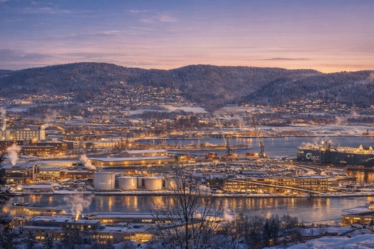 Flott utsikt mot byen og innseilingen i vinterdrakt | komfortabel vannbåren bergvarme i gulvene med individuell digital regulering Galleribilde