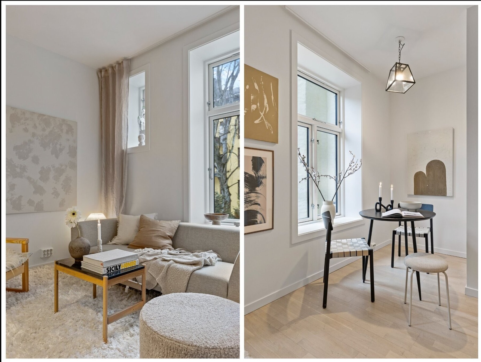 Det er gode møbleringsmuligheter i stuen, med plass til sofamøbler med tilhørende stuebord, spisebord, TV-løsning, eller annet ønskelig møblement. Galleribilde