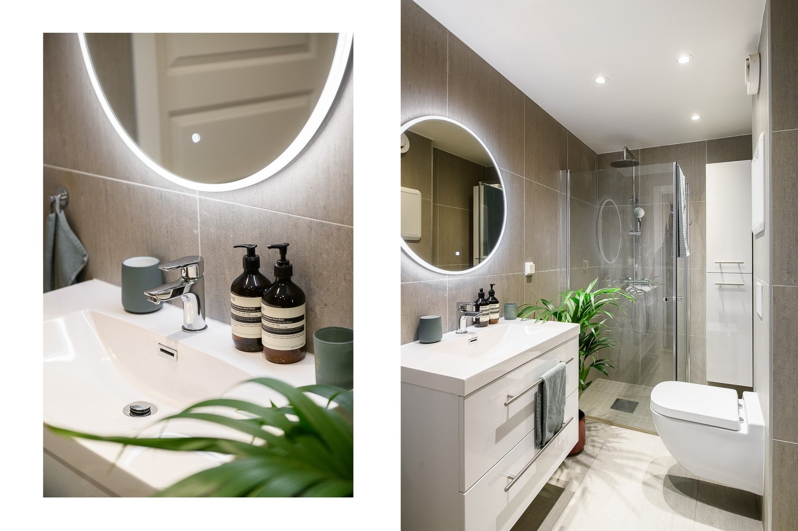 Det ene av leilighetens to bad, oppgradert i 2020, med dusjhjørne og vegghengt toalett. Dette badet ligger i hybelfløyen. Galleribilde