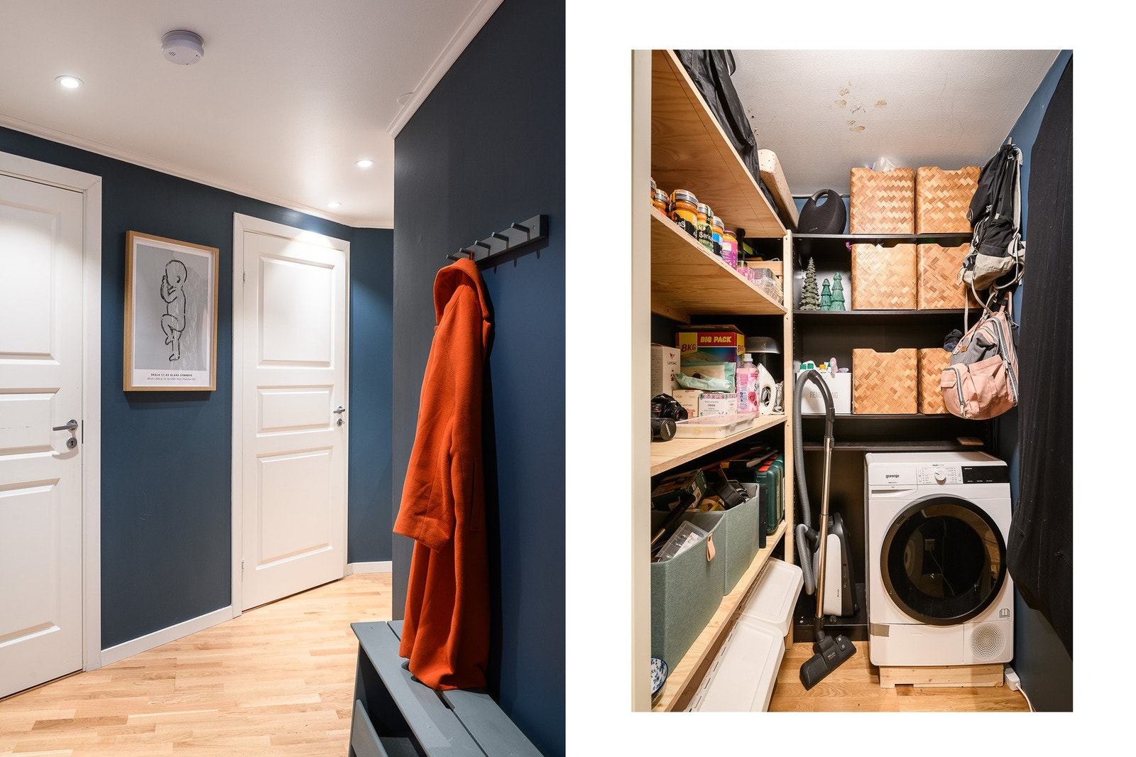 gangen i hybeldelen er det bod med hyller og plass for tørketrommel. I tillegg til en innvendig bod, disponerer leiligheten en bod på ca 6 kvm. i kjelleren. I Galleribilde