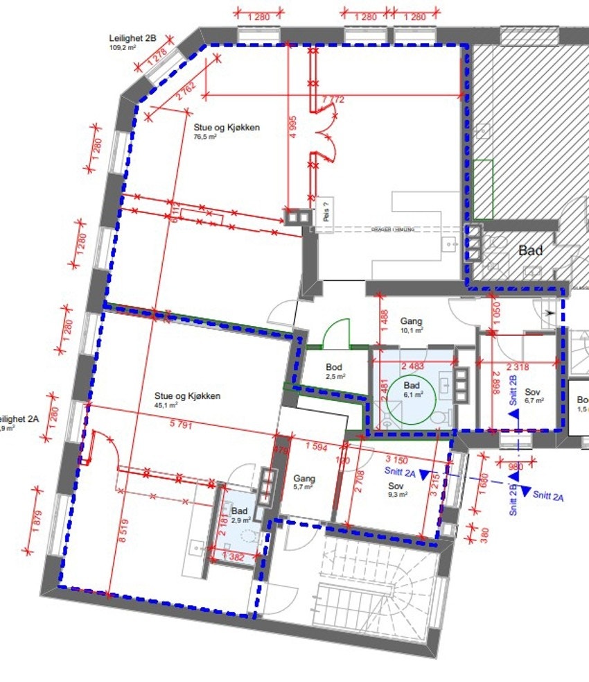 Plantegning rammesøknad om oppdeling til to boligenheter Galleribilde