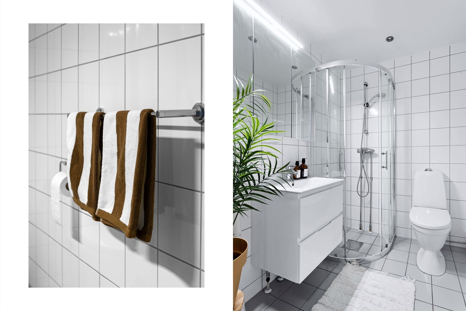 Innredningen består av et klosett, servant med underskap og et dusjhjørne med svingbare glassdører. Rommet er utstyrt med mekanisk avtrekk og opplegg for vaskemaskin. Galleribilde