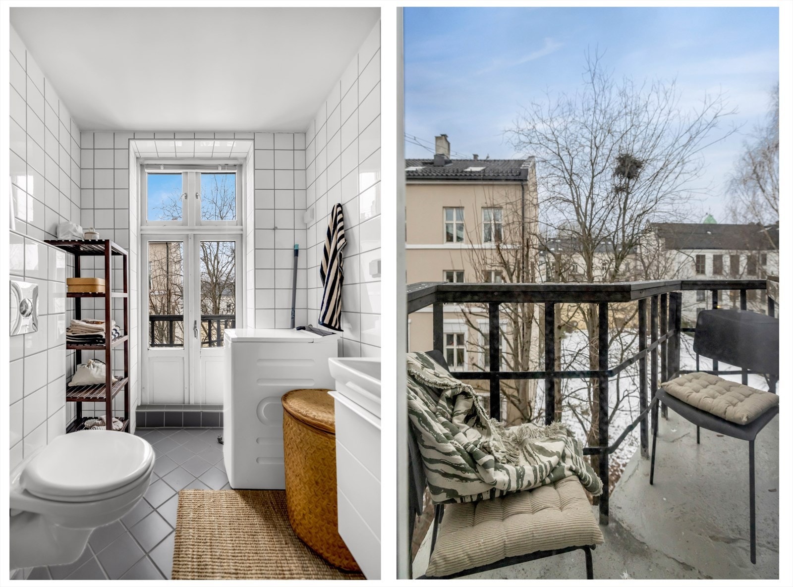 Fra badet er det utgang til en vestvendt brannbalkong med hyggelig utsikt mot bakgårdsområdet. Av hensyn til brannsikkerhet er det ikke tillatt å plassere møbler eller andre gjenstander på balkongen. Galleribilde