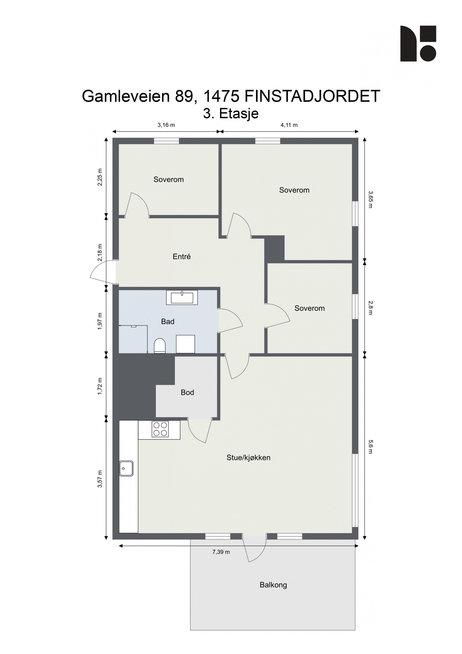 Planløsning består av entre, tre soverom, stue/kjøkken, bad, bod og balkong. Galleribilde