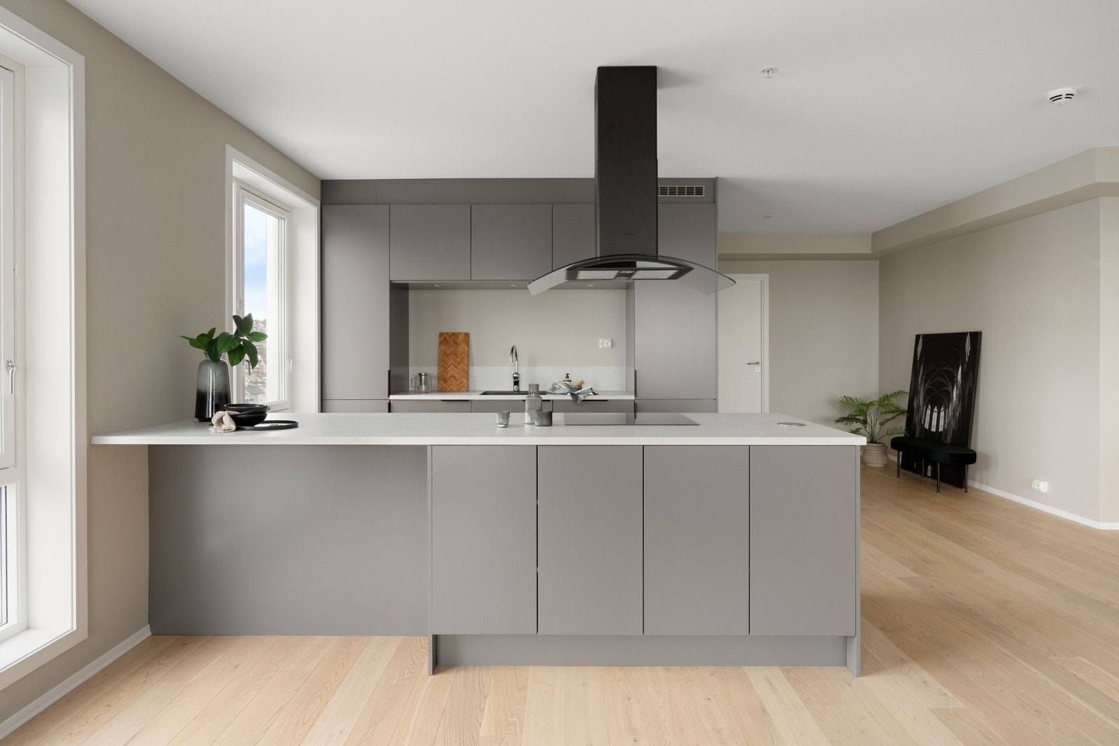 Lekkert kjøkken fra Nova med integrerte hvitevarer, takventilator og kjøkkenøy med mye lagringsplass. Galleribilde