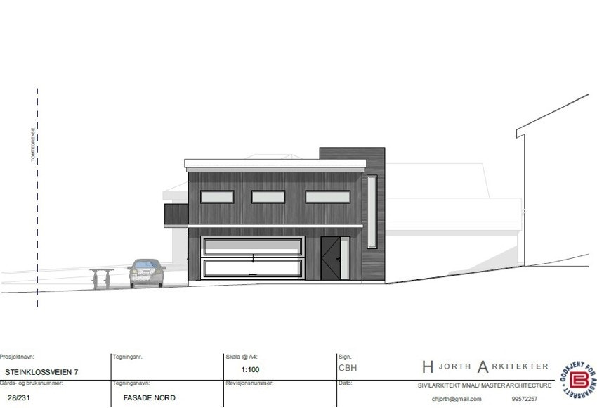 Det foreligger godkjent rammetillatelse for oppføring av ny enebolig med integrert garasje (tiltaket omfatter ikke fradeling) Galleribilde
